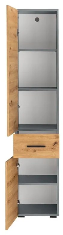 Vysoká úzka kúpeľňová skrinka v dekore duba v prírodnej farbe 180x35 cm Malika – Støraa