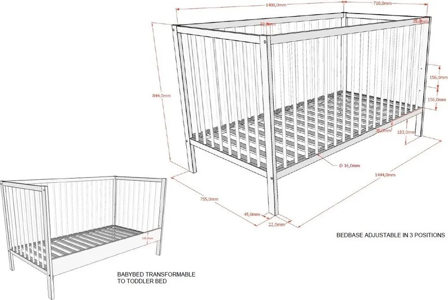 Hnedá postieľka z bukového dreva s odnímateľným bokom/s nastaviteľnou výškou 70x140 cm Dino – Vipack