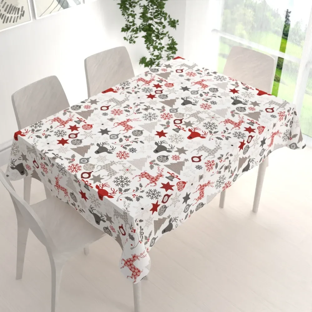 Biante Bavlnený obdĺžnikový obrus Sandra SA-541 Sivo-červené vianočné motívy na bielom 140x220 cm