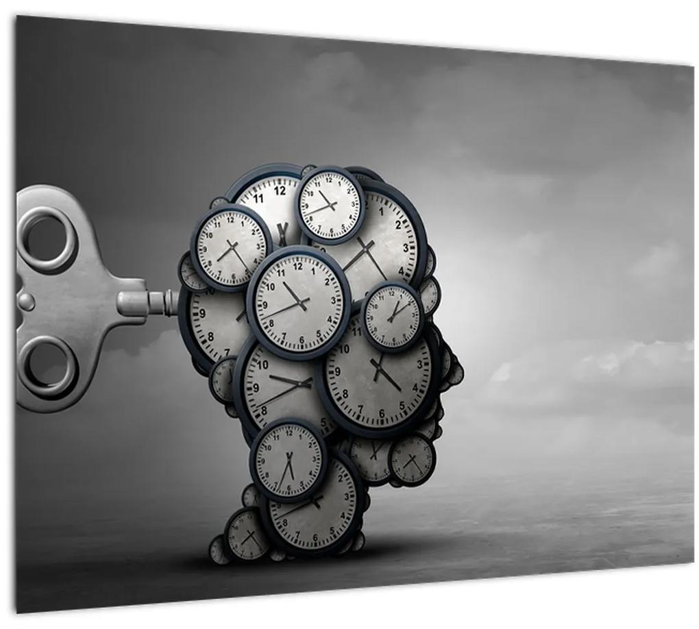 Umelecký sklenený obraz hlavy s hodinami (70x50 cm)