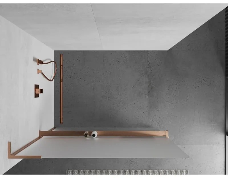Mexen Kioto+ L, sprchová zástena Walk-In s poličkou a vešiakom 100 x 200 cm, 8mm sklo námraza, medený matný profil, 800-100-123-65-30