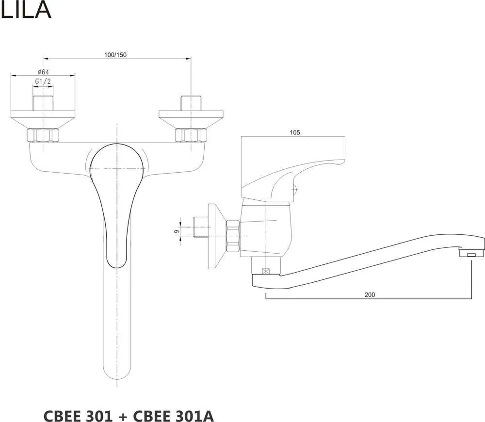 Mereo Mereo, Drezová nástenná baterie, Lila, s ramienkom plochým vyhnutým 200 mm, chróm, MER-CBEE301A