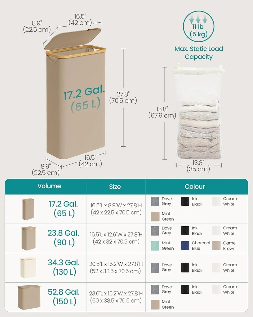 Kôš na prádlo s viečkom, úzky úložný kôš na prádlo, 65 L, 42 x 22,5 x 70,5 cm, Tehlovo hnedá