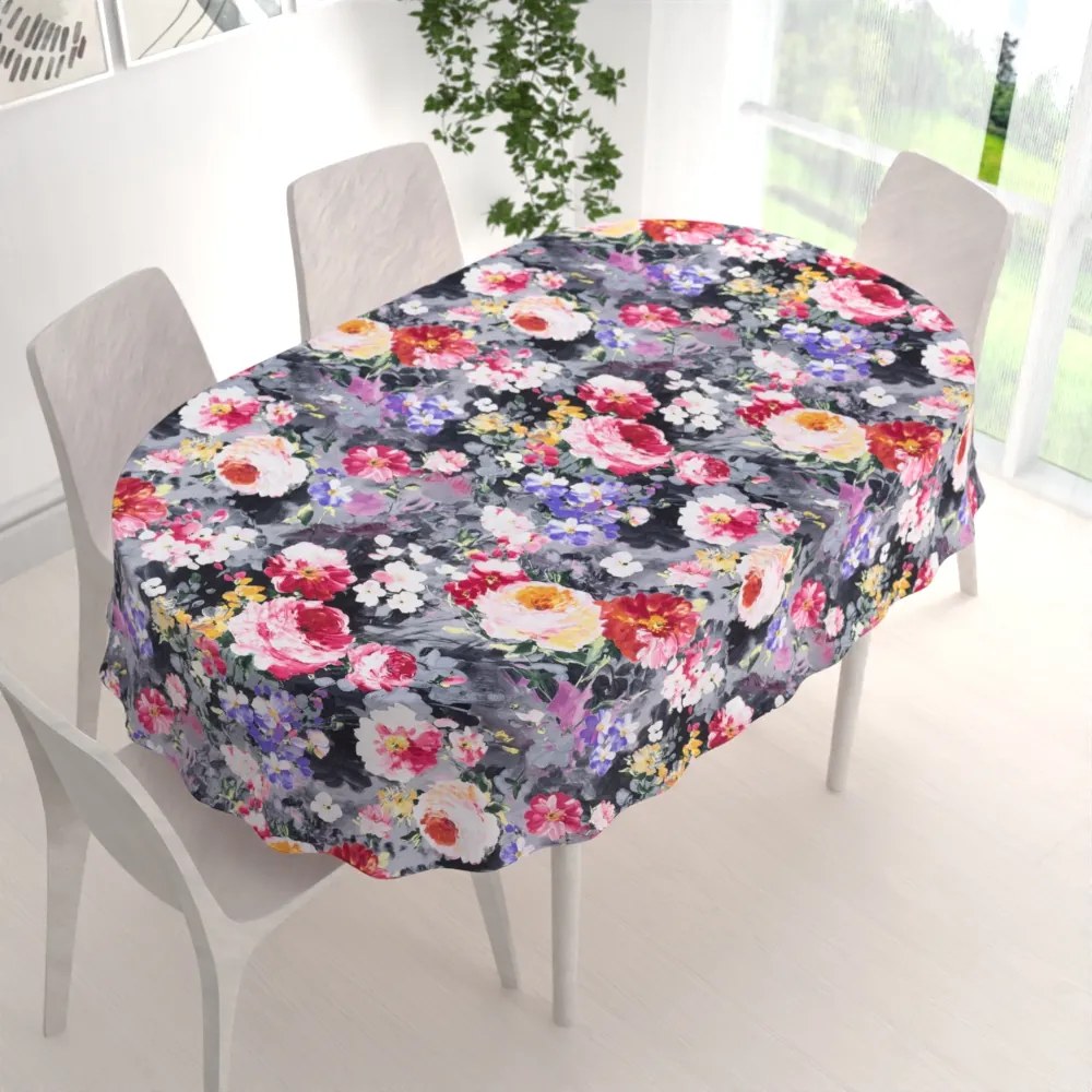 Biante Dekoračný oválny obrus PM-020 Maľované kvety na sivom 120x160 cm