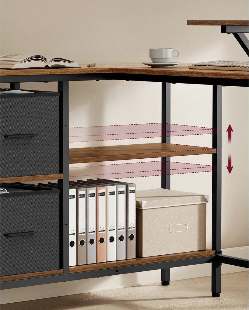 Písací rohový stôl s 2 priestrannými zásuvkami, so stojanom na monitor, rustikálny hnedý