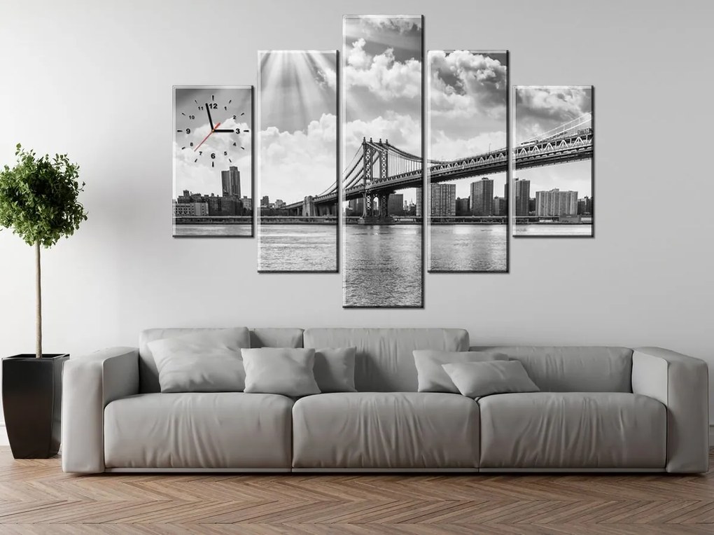 Gario Obraz s hodinami Brooklyn New York - 5 dielny Rozmery: 150 x 70 cm