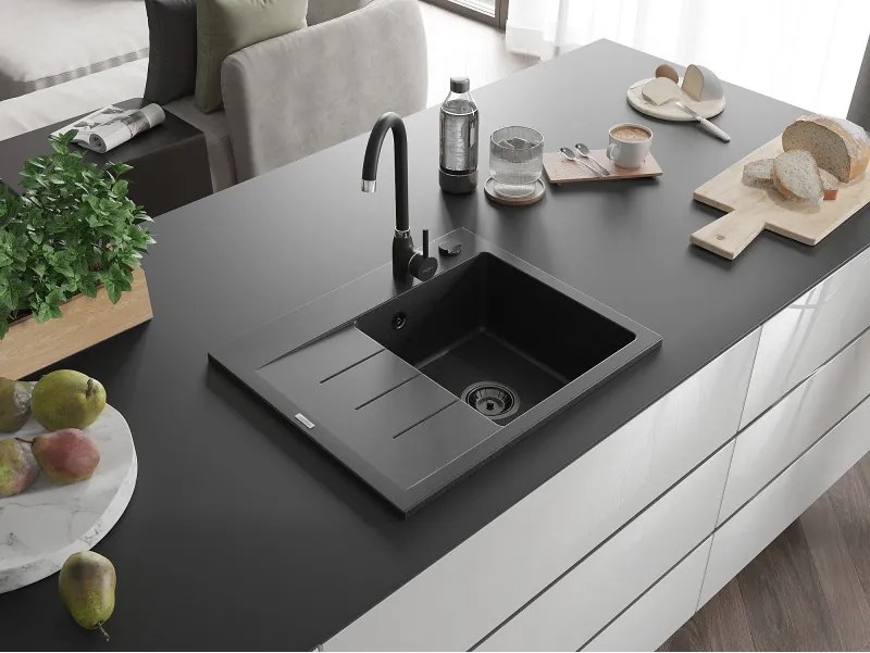 Mexen Ben, 1-komorový granitový drez 600x500x190 mm, pravý + čierny sifón, čierna-strieborná metalíza, 6523605000-73-B