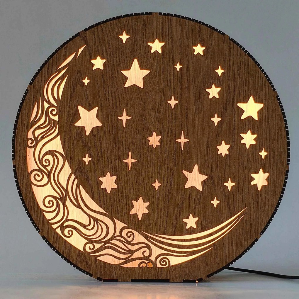 Drevená stolová lampa Mesiac a hviezdy | AURA: HDF - Orech 20 cm 4794-115288 LED0612