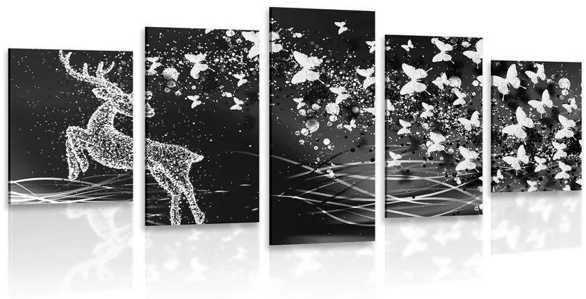 5-dielny obraz nádherný jeleň s motýľmi v čiernobielom prevedení Varianta: 100x50