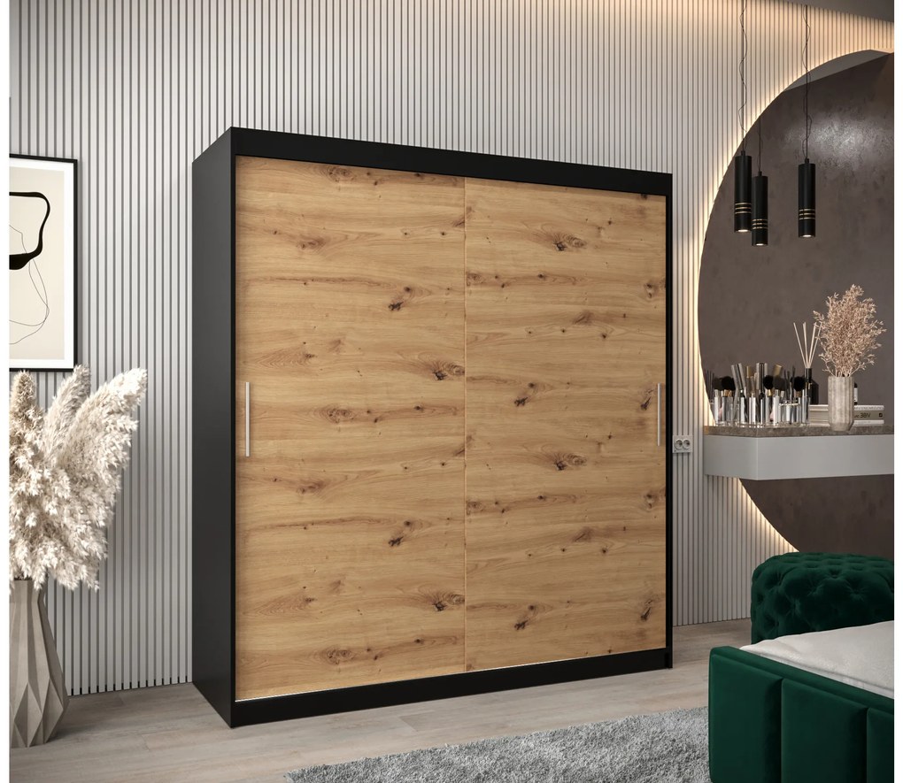 Šatníková skriňa 180 cm Toki (Čierna matná + Dub artisan). Akcia -40%. Vlastná spoľahlivá doprava až k Vám domov. 1064837