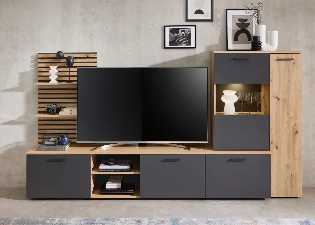 Obývacia  stena Heathrow, dub artisan/antracit, s osvetlením