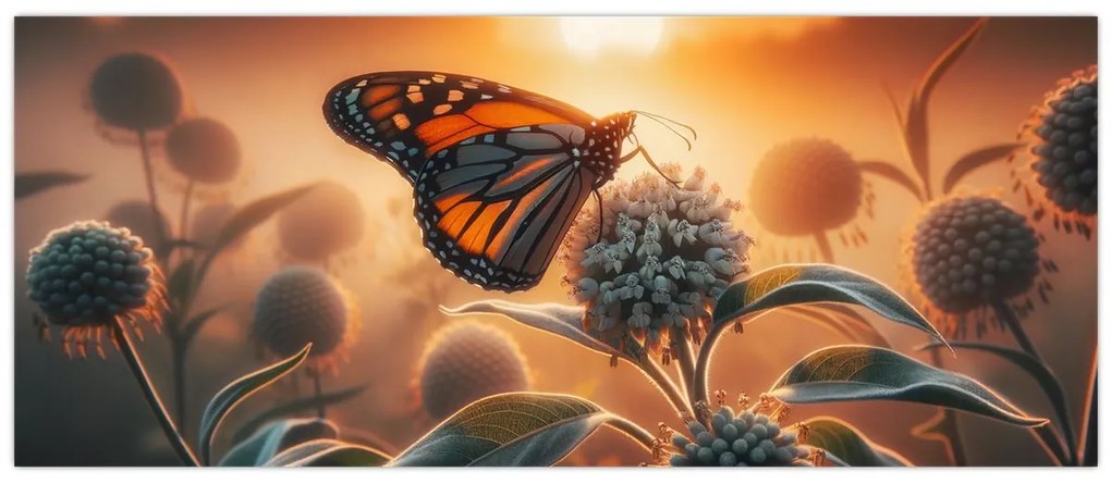 Obraz – Motýľ v zapadajúcom slnku (120x50 cm)