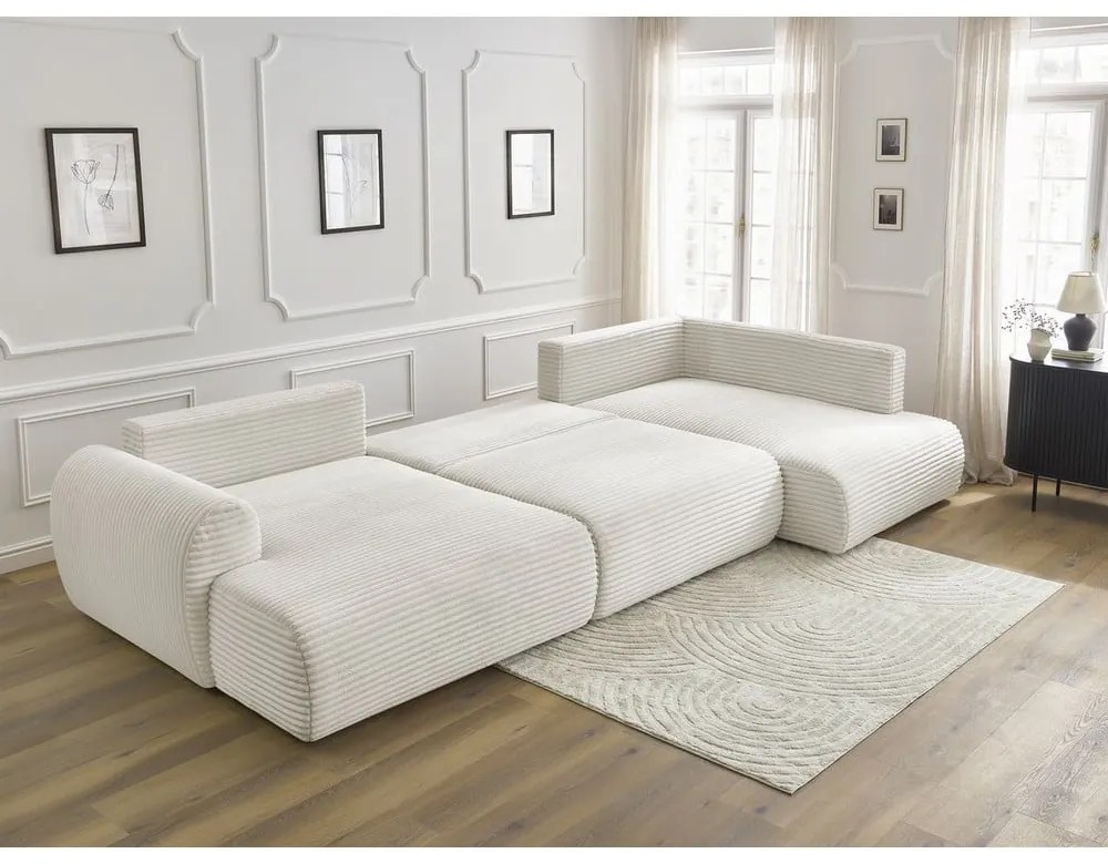 Krémovobiela menčestrová rozkladacia/s úložným priestorom rohová pohovka (pravý roh/do tvaru "U") Lucien – Bobochic Paris