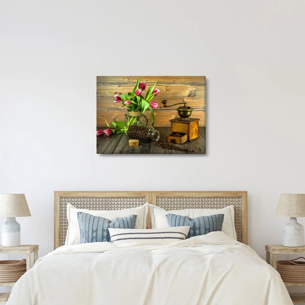 Obraz - tulipány, mlynček a káva (70x50 cm)