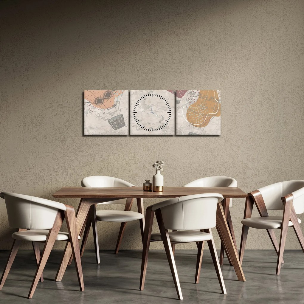 Obraz - Balóny nad mestom, teplé tóny (s hodinami) (90x30 cm)