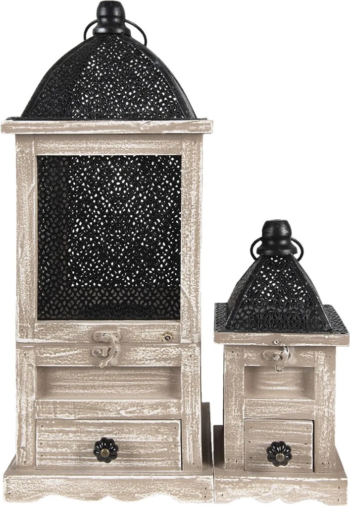 Set dvoch drevených lampášov Elliese so šuplíčkami - 20*20*53 / 14*14*25 cm