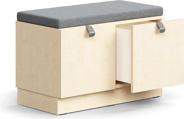 Lavica s úložným priestorom QBUS, so soklom, s madlom, 534x800x420 mm, breza, šedé čalúnenie