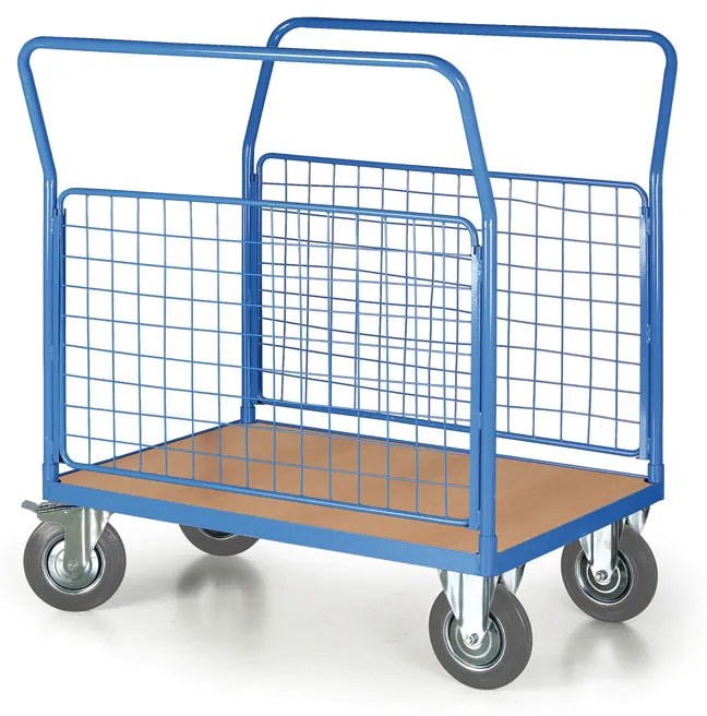 Plošinový vozík - 2 drôtené výplne, 1000x700 mm, nosnosť 400 kg, kolesá 200 mm so sivou gumou