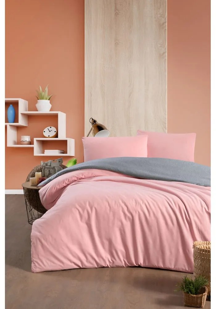 Bavlnené obliečky na dvojlôžko/predĺžené s plachtou v lososovej farbe/sivej 200x220 cm - Mila Home