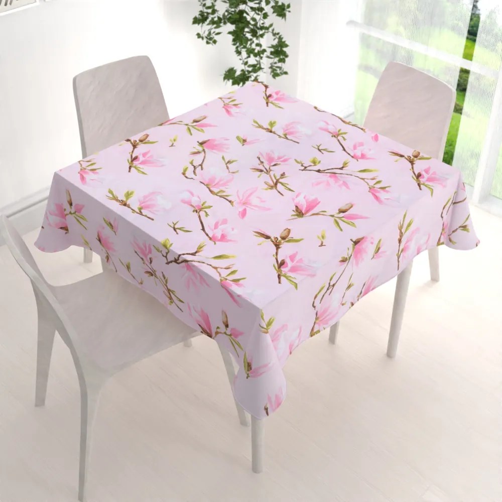 Biante Bavlnený štvorcový obrus Sandra SA-233 Kvety magnólie na ružovom 130x130 cm