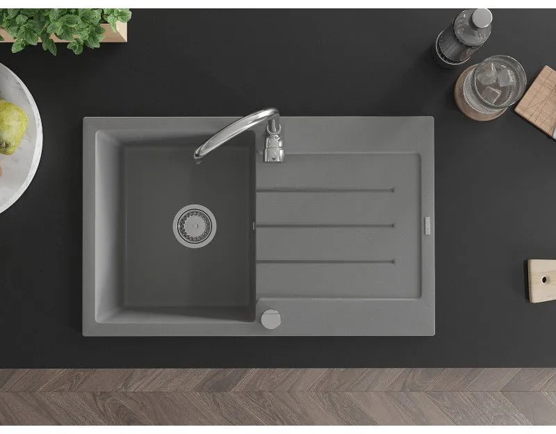 Mexen Bruno, 1-komorový granitový drez s odkvapkávačom 80x50 cm a kuchynskou batériou Telma, šedá, 6513-71-670200-00