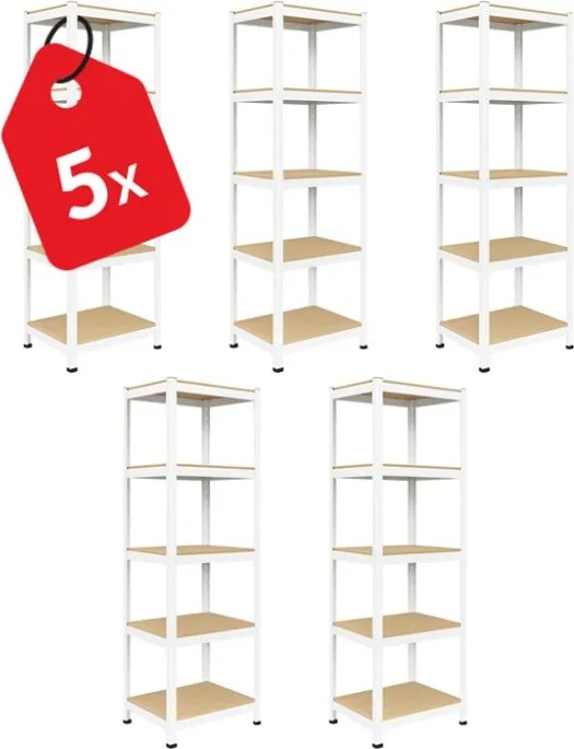 Akcia 5x Regál 180x40x40 cm lakovaný 5-policový, nosnosť 875 kg - biely