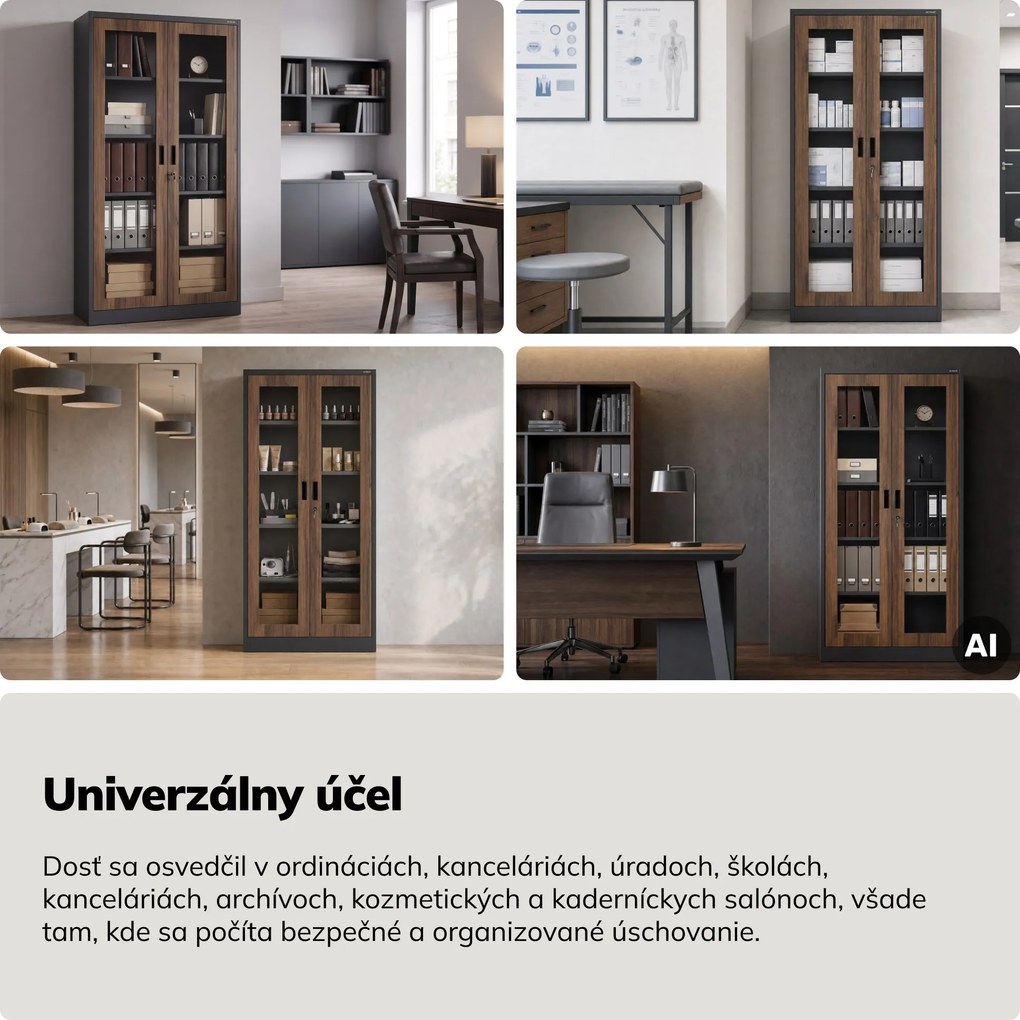Kovová skriňa s vitrínou antracitová, orech, 900x1850x400 mm: AMELIA Eco Design