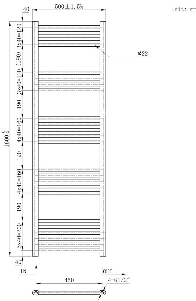 Erga Basic, vykurovacie teleso 1600x500 mm, 643 W, biela, ERG-LAV-BASIC-16050-WH