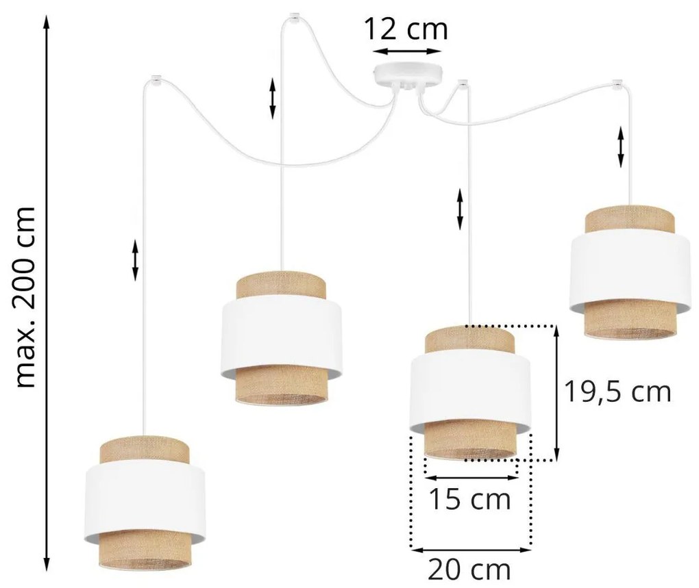 Závesné svietidlo Boho spider, 4x jutové/biele textilné tienidlo