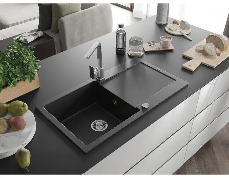 Mexen Leo, drez granitový 900x500x190 mm, 1-komorový, čierna s chrómovým sifónom a chrómová drezová batéria Rita, 6501-77-670300-00