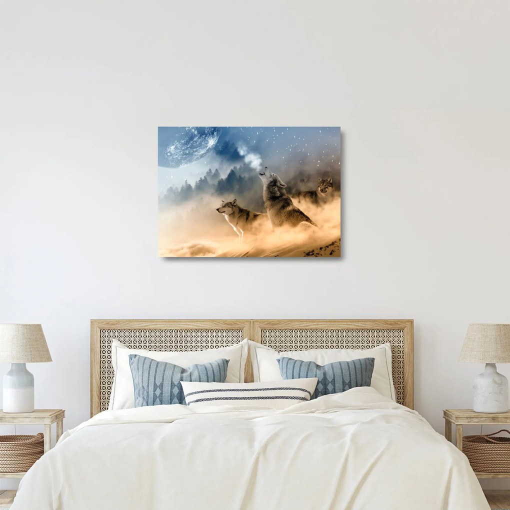 Sklenený obraz - vlci vyjúci na mesiac (70x50 cm)