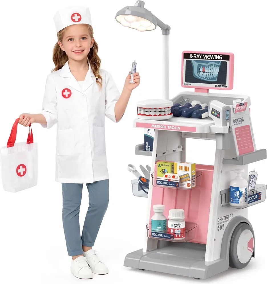 LEAN Toys Lekár Zubár Sada Lekársky svetelný vozík Ružová 26 el.