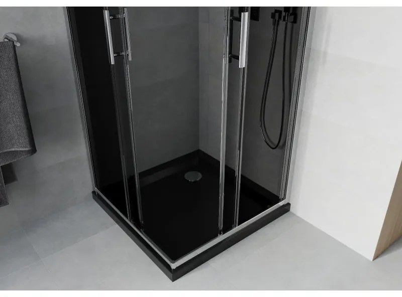 Mexen Rio, štvorcový sprchovací kút s posuvnými dverami 80 x 80 cm, 6mm šedé sklo, chrómový profil + čierna sprchová vanička, 860-080-080-01-40-4070