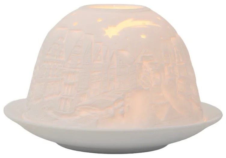 Biely porcelánový svietnik na čajovú sviečku s domčekmi Paollo - Ø 12*8 cm