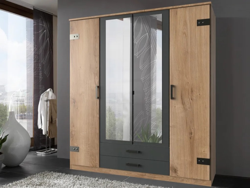 Šatníková skriňa so zrkadlami Cork, 180 cm, doskový dub/grafit