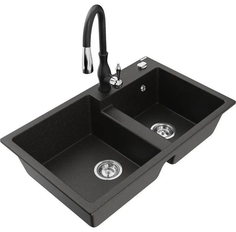 Mexen Tomas, granitový drez 800x500x190 mm, 2-komorový a drezová batéria Savita, čierna-zlatá metalíza, 6516-75-672601-70