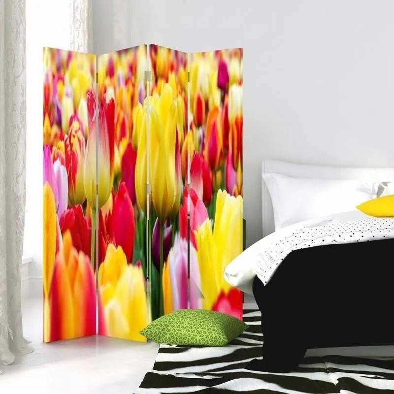 Ozdobný paraván, Pestrobarevné tulipány - 145x170 cm, štvordielny, obojstranný paraván 360°