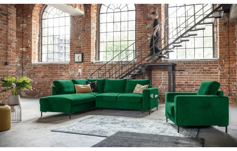 Tmavozelená zamatová rozkladacia rohová pohovka (ľavý roh) Lofty Lilly – Miuform