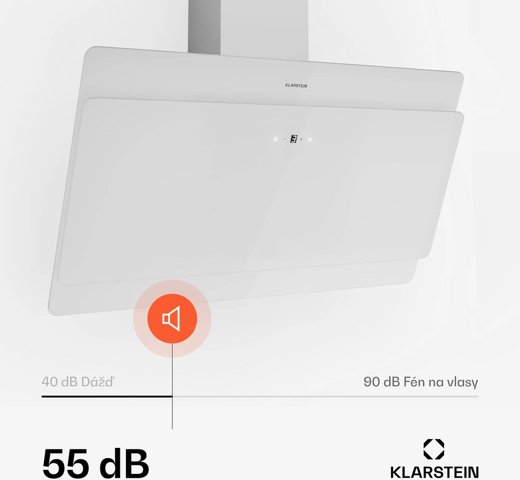 Klarstein Aurica 90, digestor, 90 cm, nástenný, 610 m³/h, LED, dotykové ovládanie, sklo, biely