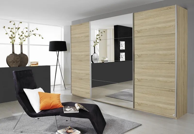 Šatníková skriňa Quadra, 315 cm, dub sonoma/zrkadlo