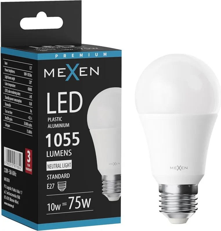 Mexen Nova, LED žiarovka E27, A60, 10W, neutrálna - 4000K, 1055 lm - L100-E27-1040-01