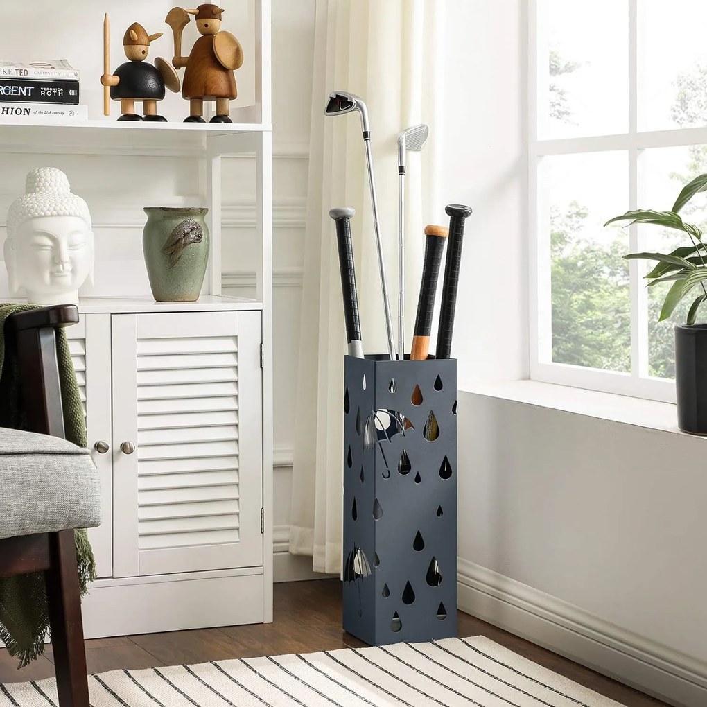 Kovový stojan na dáždniky, štvorcový držiak na dáždniky s odkvapkávacou táckou, sivý