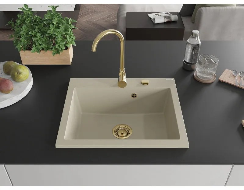 Mexen Elix, 1-korový granitový drez 600 x 500 mm, béžová, zlatý sifón, 6525601005-69-G