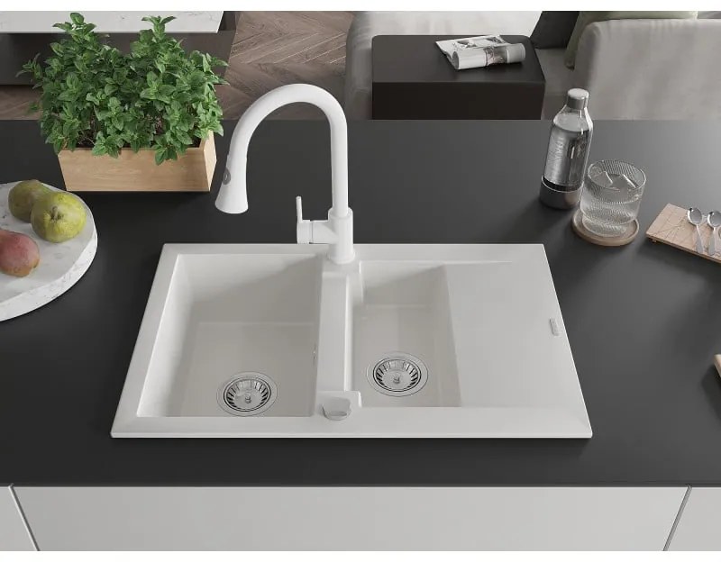 Mexen Gaspar, 1,5-komorový granitový drez 737x475x177 mm a drezová batéria Elia, biela, 6507-20-670101-20