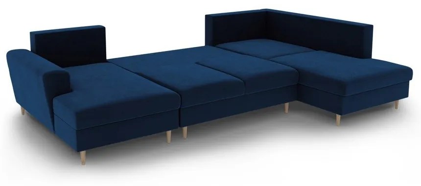 Modrá zamatová rozkladacia/s úložným priestorom rohová pohovka (pravý roh/do "U") Kyoto – Cosmopolitan Design
