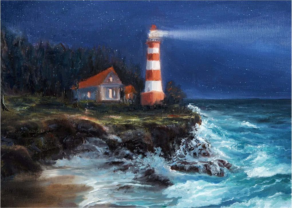 Obraz - Maják na brehu oceánu, aquarel (70x50 cm)