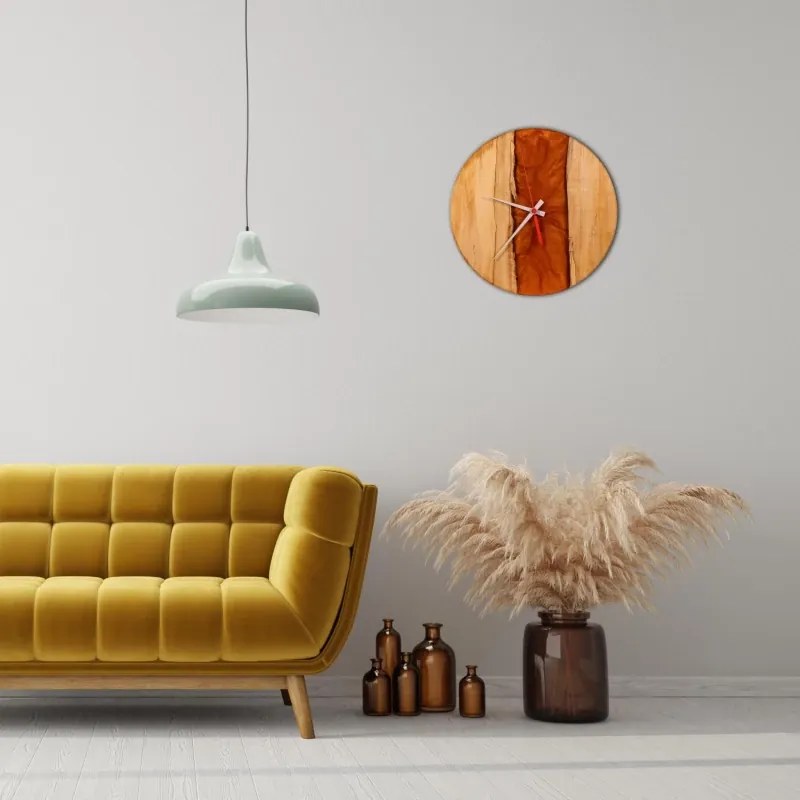 Drevené hodiny s epoxidovou živicou Ø 30cm - gaštan, oranžová perleť