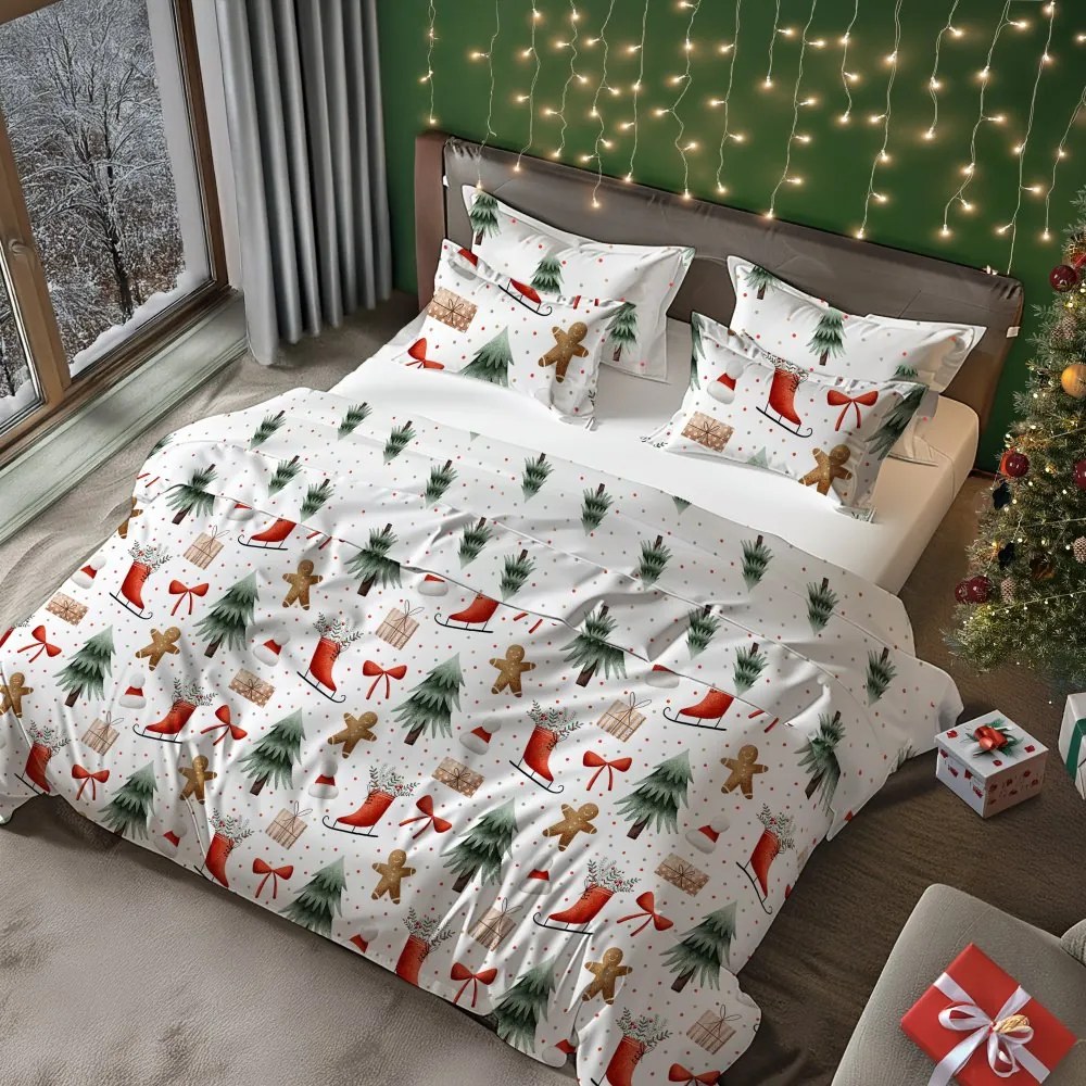 Vianočné bavlnené posteľné obliečky – motív Medovníček a Vianočný les - 100% bavlna - 70 x 90 cm + 140 x 200 cm