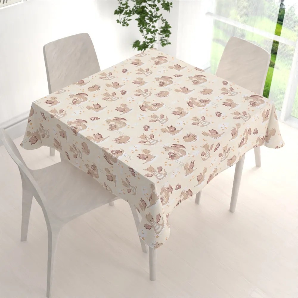 Biante Detský bavlnený štvorcový obrus Sandra SA-467 Dráčikovia na žltobéžovom 70x70 cm