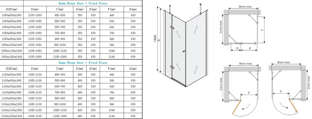 Mexen Roma, sprchovací kút 120 (dvere) x 50 (stena) cm, 6mm šedé sklo, chrómový profil, 854-120-050-01-40